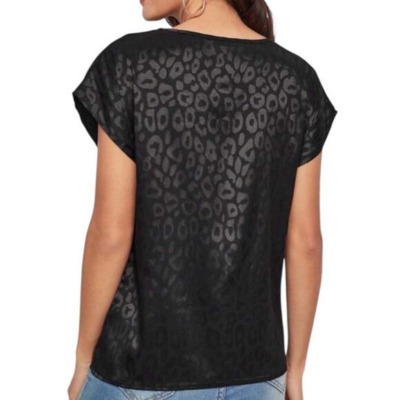 SHEIN Women’s Medium Black Clasi Dolman Short Sleeve Leopard Jacquard Satin Top - Picture 4 of 7